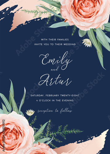 Wedding invite, invitation card floral design. Blush peach rose flowers, green asparagus fern, eucalyptus leaves frame with cinnamon rose, gold brush stroke. Vector art bouquet on navy blue background