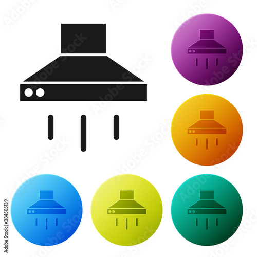 Black Kitchen extractor fan icon isolated on white background. Cooker hood. Kitchen exhaust. Household appliance. Set icons in color circle buttons. Vector.