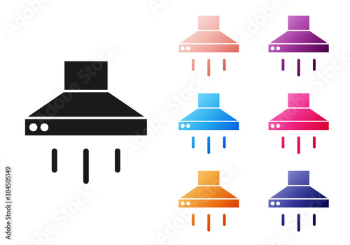 Black Kitchen extractor fan icon isolated on white background. Cooker hood. Kitchen exhaust. Household appliance. Set icons colorful. Vector.