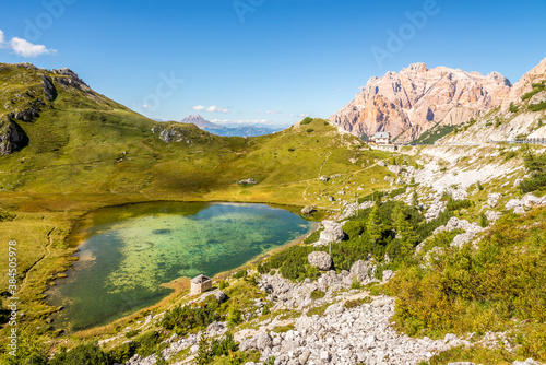 View at the Lake Valparola in Dolomites - South Tyrol, Italy photo