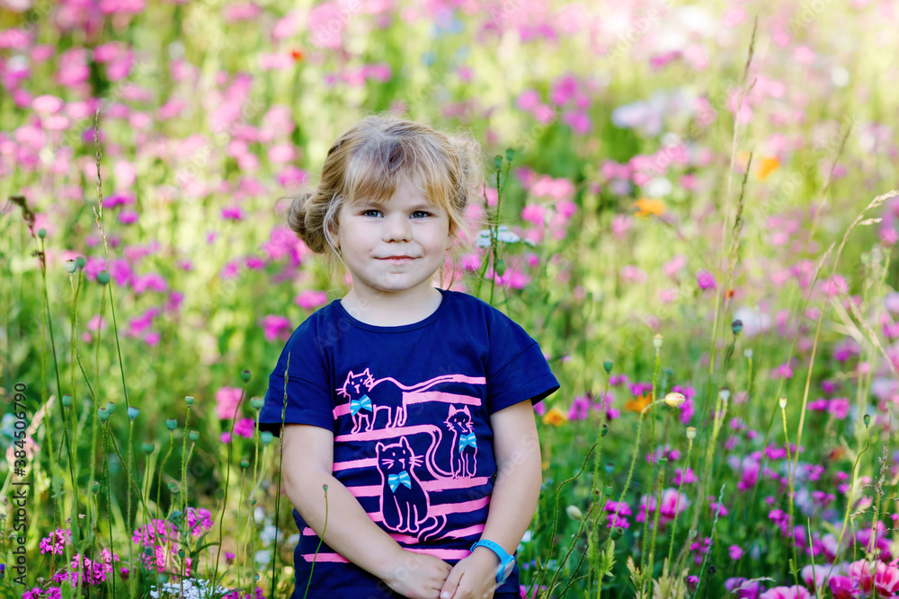 Portriat of adorable, charming toddler girl in flowers meadow. Smiling happy baby child on summer day with colorful flowers, outdoors. Happiness and summertime. Portriat of adorable, charming toddler girl in flowers meadow. Smiling happy baby child on summer day with colorful flowers, outdoors. Happiness and summertime.