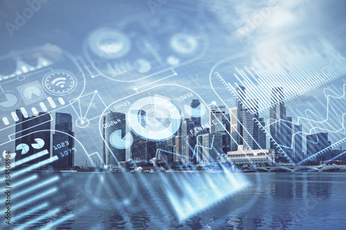 Photography Double exposure of technology theme hologram and cityscape background