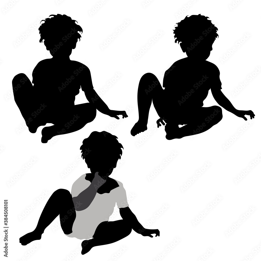 Vector Silhouette Of A Little 2 Year Old Curly Haired Boy In 3 Poses