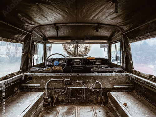 Interior of a decommissioned Land Rover Defender in Kosovo