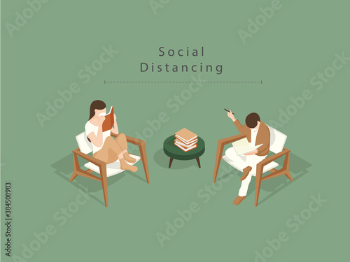 Men and women are sitting and reading on a sofa wearing masks and maintain social distancing to minimize the risk of getting Covid19.Isometric Illustration about Reading books during social distancing