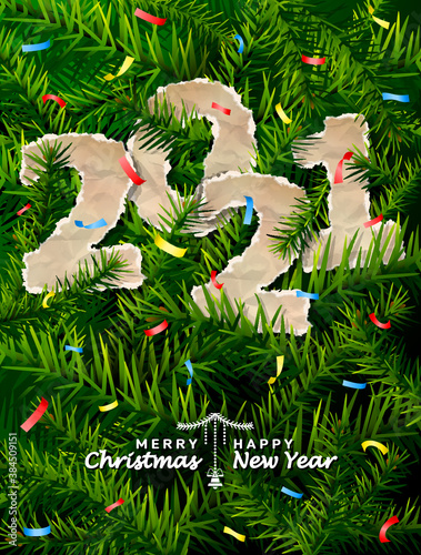 New Year 2021 of crumpled paper between pine twigs. Paper year numbers is strewn with confetti on christmas tree. Vector image for new years day, christmas, winter holiday, new years eve, silvester