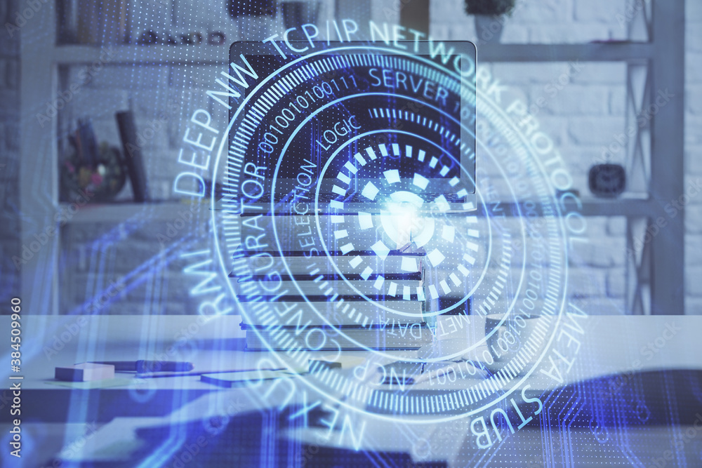 Multi exposure of desktop computer and technology theme hologram. Concept of software development. Multi exposure of desktop computer and technology theme hologram. Concept of software development.