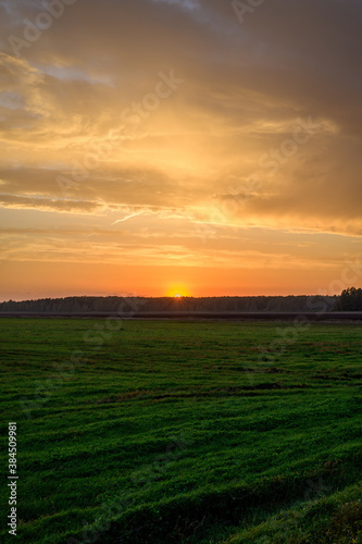Vertical photo of the evening sunset sky in autumn against the background of a green field in the orange sun © Вячеслав Чичаев