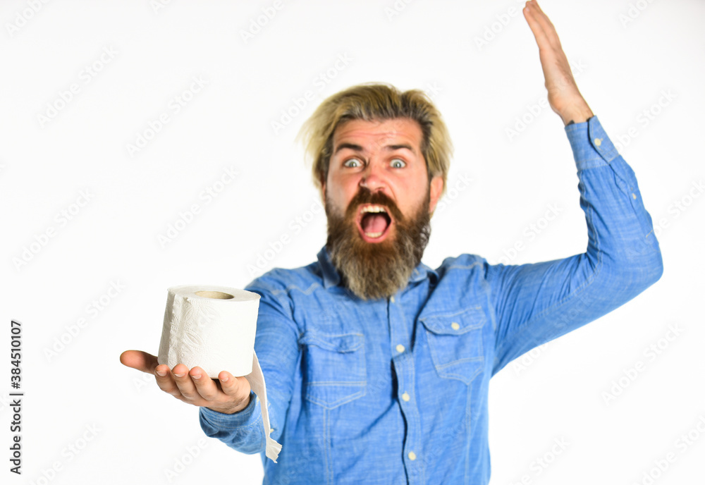 Absorbing liquids. Personal hygiene. Cleanliness and purity concept. Goods for hygiene. Rushed panic buy toilet paper. Toilet paper roll. Hipster holding toilet paper. Soft to skin. Problem in toilet Absorbing liquids. Personal hygiene. Cleanliness and purity concept. Goods for hygiene. Rushed panic buy toilet paper. Toilet paper roll. Hipster holding toilet paper. Soft to skin. Problem in toilet