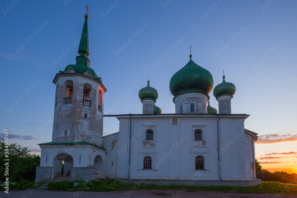 Ancient Church of the Nativity of John the Baptist close-up in early June morning. Staraya Ladoga, Russia