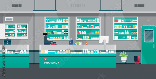 Pharmacy with cash registers and counter equipment.