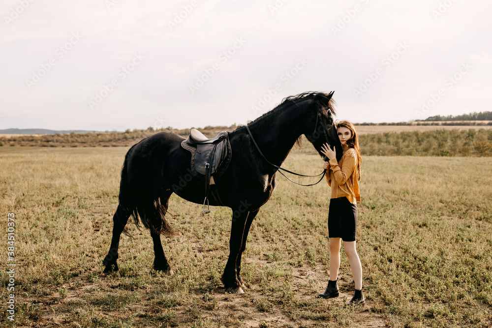 Young woman hugging a black friesian horse, outdoors, in a field. Young woman hugging a black friesian horse, outdoors, in a field.