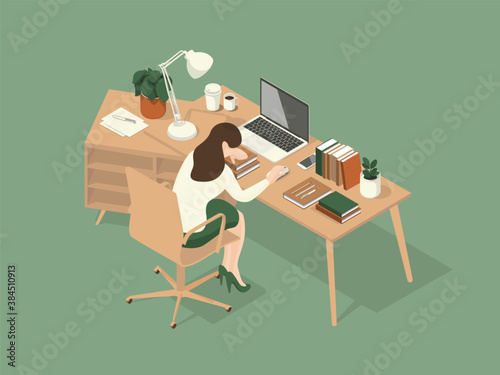 women fell asleep on the table while working. Isometric Illustration about working on the table.