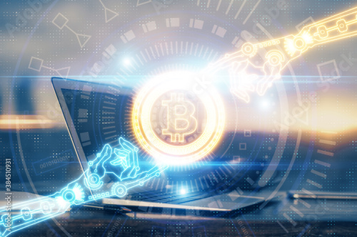 Double exposure of blockchain theme hologram and table with computer background. Concept of bitcoin crypto currency.