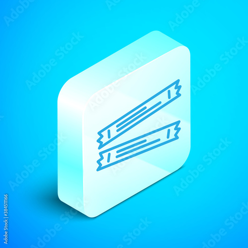 Isometric line Sugar stick packets icon isolated on blue background. Blank individual package for bulk food products as coffee, salt, spices. Silver square button. Vector.