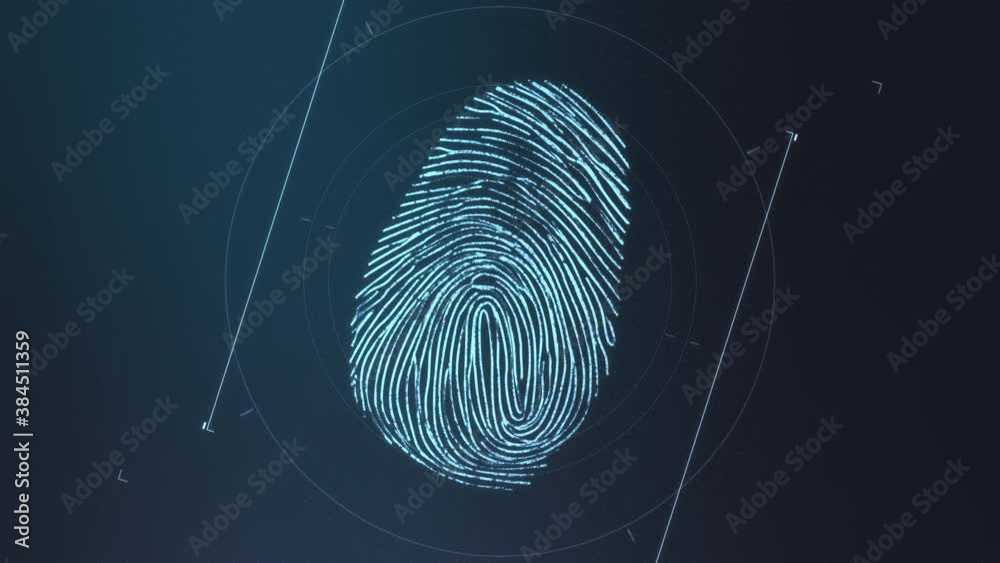 Biometrical fingerprint scanning concept animation. Security guard control. Touch ID validation. Digital human identification. Bio metric scanner. Futuristic HUD. Future technologies. 4K hi-tech clip