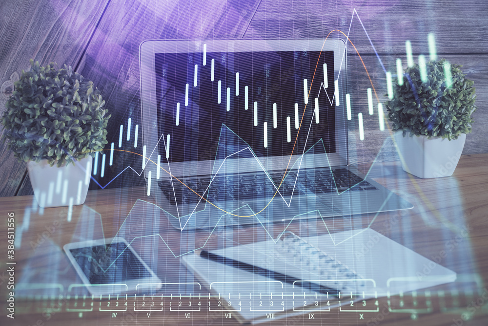 Multi exposure of forex graph and work space with computer. Concept of international online trading. Multi exposure of forex graph and work space with computer. Concept of international online trading.