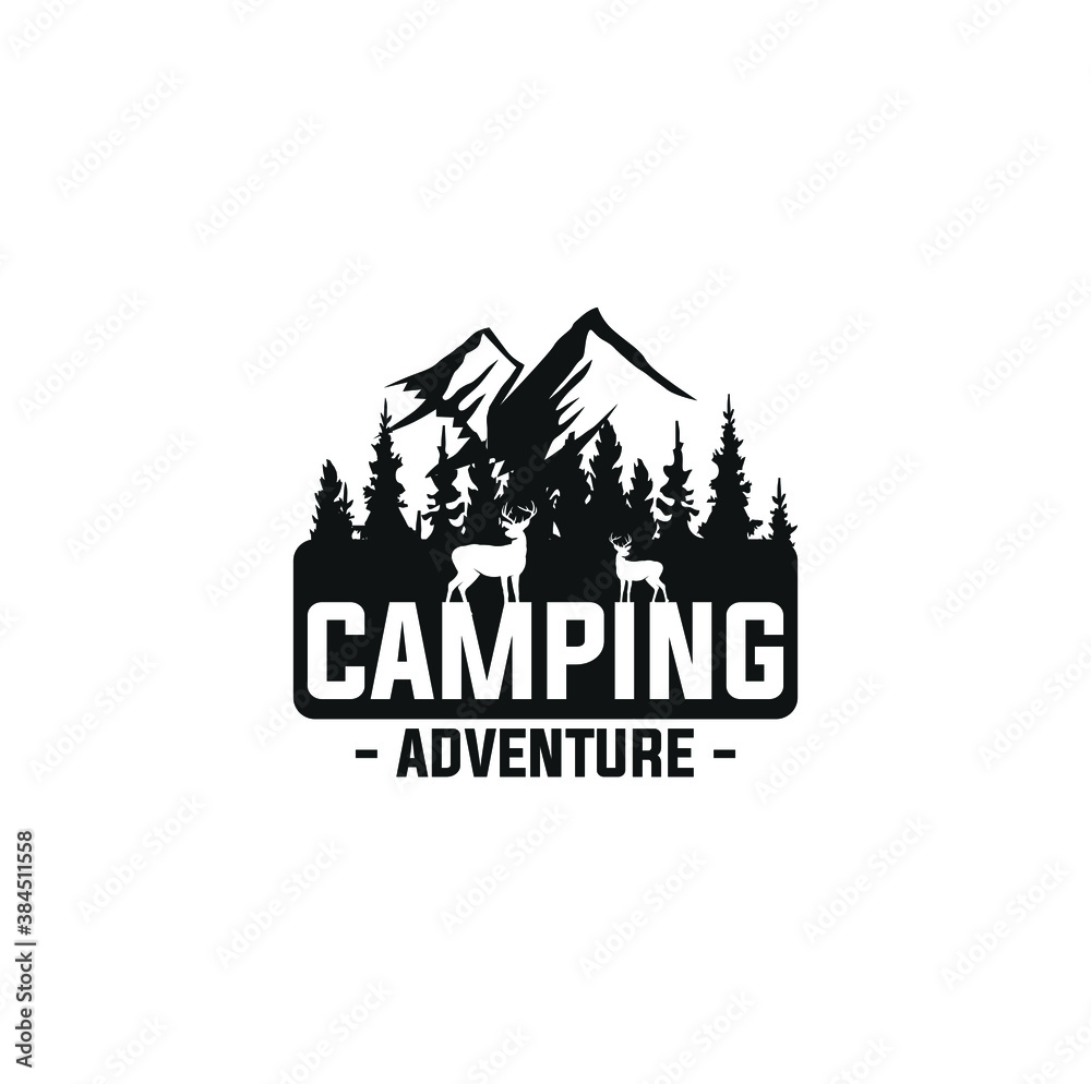 Set of outdoor adventure quotes on chalkboard. Vector. Concept for shirt or logo, print, stamp. camping tent, lantern, axe, mountains, bear, deer, forest silhouette