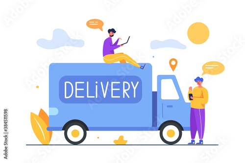 Two guys getting ready to ship cargo by delivery truck isolated on white background, flat vector illustration