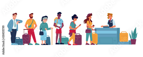 Airport queue to counter check, people in line vector flat isolated icons. People standing, waiting in queue to airport boarding gate, passport control, flight registration desk or lost baggage claim