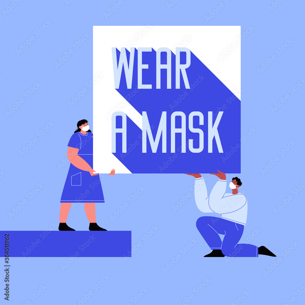 Two characters wearing face masks with a banner saying wear a mask. Flat illustration of a man and a woman with covered faces. Covid-19 prevention instructions. Two characters wearing face masks with a banner saying wear a mask. Flat illustration of a man and a woman with covered faces. Covid-19 prevention instructions.