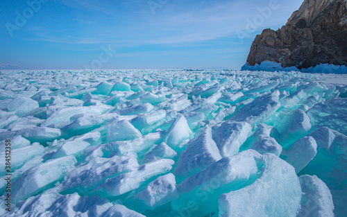 Field of ice hummocks on the frozen Lake Baikal near Olkhon island, Irkutsk, Russia.