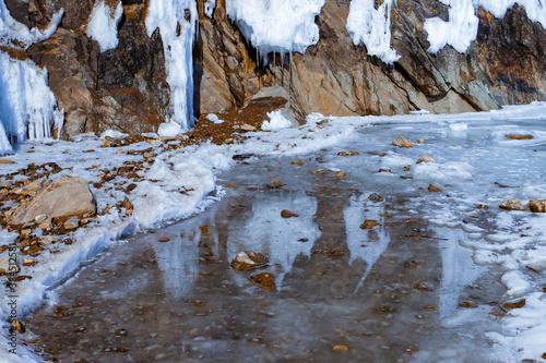 A small pond melt from snow and ice of lake Baikal during spring. 