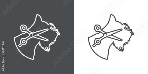 Peluquería de mascotas. Logotipo lineal con tijera de peluquero y cabeza de perro raza schnauzer en fondo gris y fondo blanco