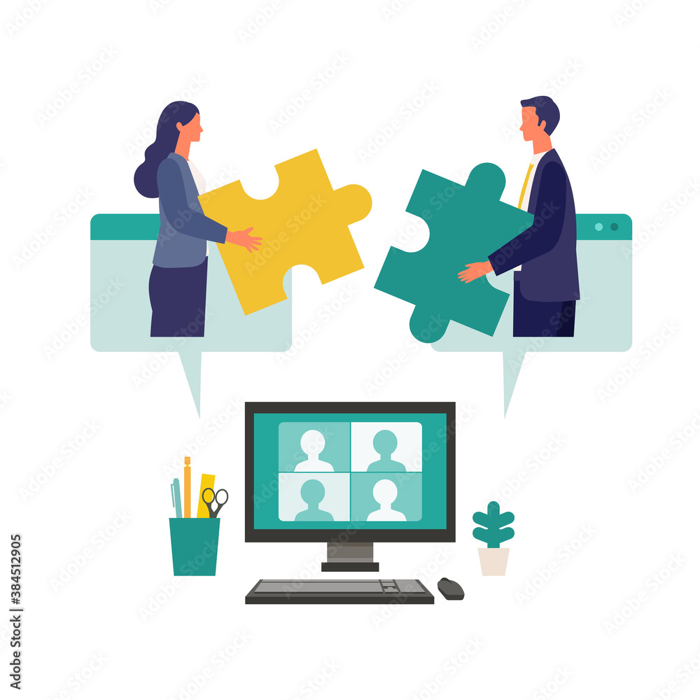 Fototapeta premium Metaphor of teamwork, cooperation, partnership. Flat design vector illustration of business people.