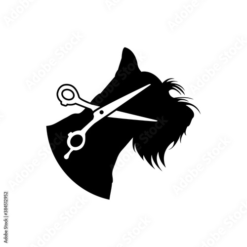 Peluquería de mascotas. Logotipo con tijera de peluquero y cabeza de perro raza schnauzer en color negro