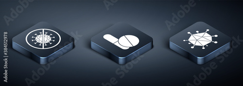 Set Isometric Stop virus, Virus and Medicine pill or tablet icon. Vector.