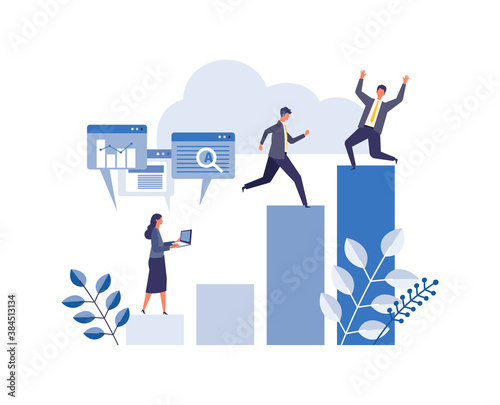 Metaphor of business process, accomplish, strategy. Flat design vector illustration of business people.