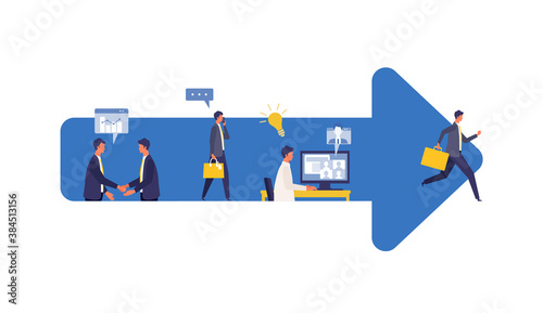 Metaphor of business process, accomplish, strategy. Flat design vector illustration of business people.