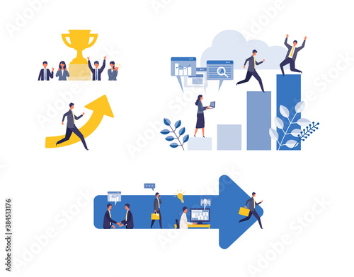 Metaphor of business process, accomplish, strategy. Flat design vector illustration of business people. Concept for goal achievement. 