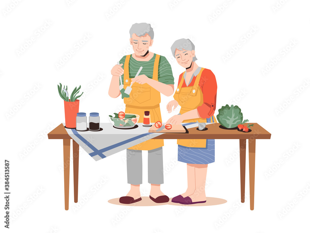 Elderly couple preparing healthy meal on table with organic food products. Vector old man and woman in aprons cooking dinner. Greens, vegetables, cabbage and carrot, salad and seasonings salt, pepper Elderly couple preparing healthy meal on table with organic food products. Vector old man and woman in aprons cooking dinner. Greens, vegetables, cabbage and carrot, salad and seasonings salt, pepper