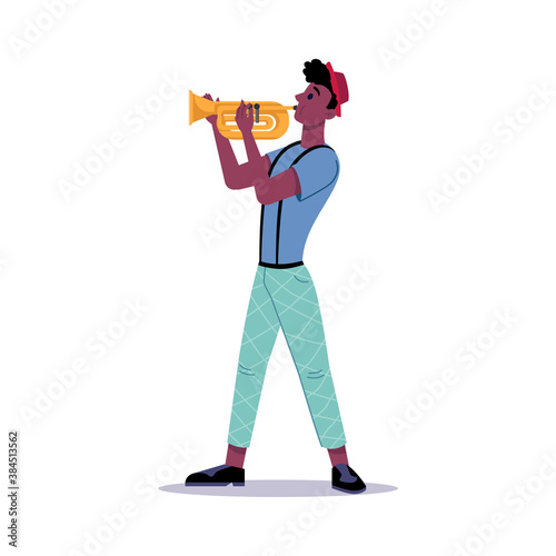 African american man playing on trumpet isolated. Vector musician or musical performer plays jazz blues music. Band player artist in hat and casual cloth plays on blowing instrument, street trumpeter