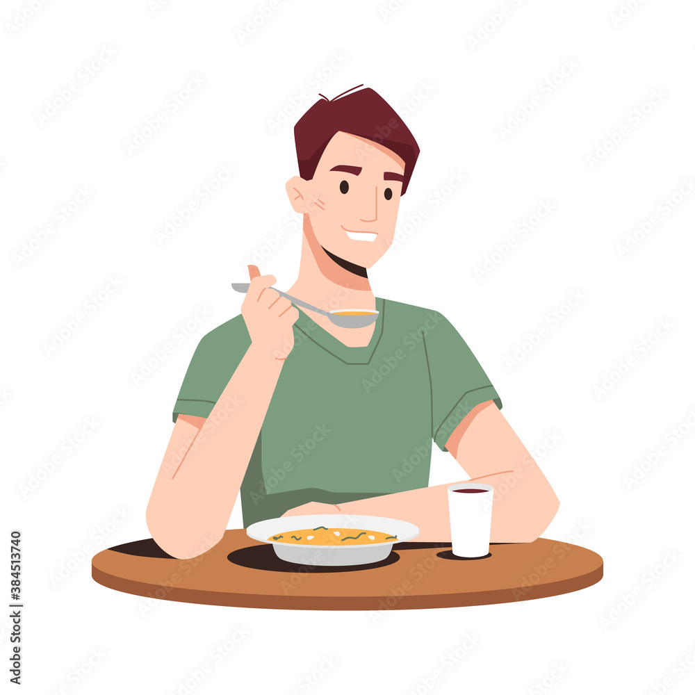 Happy guy eating dinner isolated flat cartoon person eating soup first  course and drinking juice. Vector smiling man enjoying tasty snack in  restaurant sitting at wooden table, hot coffee in glass Stock