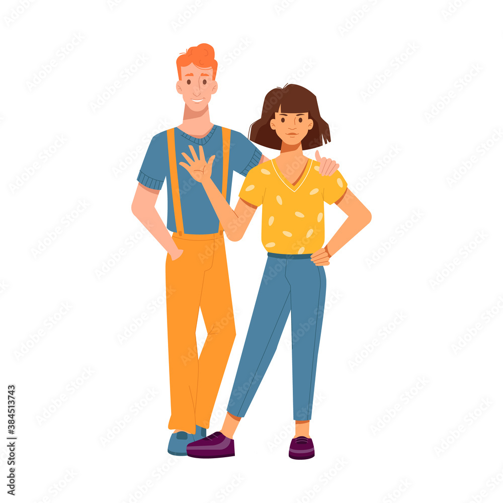 Guy hugs girl by shoulder, girl waving hand and greeting people isolated characters in flat-cartoon. Vector couple redhead man and brunette woman in love, hugging friends, dating teenagers embracing