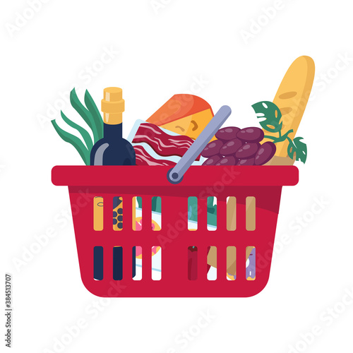 Full plastic red food basket isolated grocery products flat cartoon. Vector meat and cheese, fruits and vegetables, grapes and bakery bread, bottle of wine. Fresh retail goods delivery, consumer bag