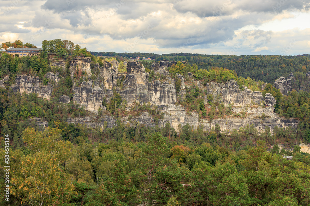View to the Bastei Rocks in Saxon Switzerland from the Rauenstein