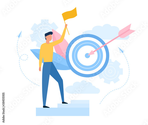 Goal achievement concept. Aimed at a goal and increase motivation. A young man with a flag climbed to the target. Creative success. Cartoon Flat Vector Illustration