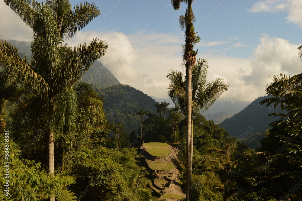 Fototapeta premium Hiking to Ciudad Perdida (The Lost City) in the jungle and mountains of Colombias Sierra Nevada de Santa Marta