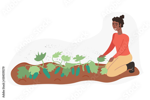 Organic production. Woman growing cucumbers isolated on white background. Process of local growing in modern style. Organic healthy food. Perfect for poster, website, brochure Flat Vector Illustration