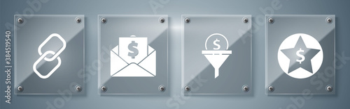 Set Star and dollar, Lead management, Envelope with coin dollar and Chain link. Square glass panels. Vector.