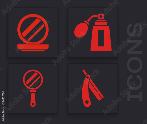 Set Straight razor, Makeup powder with mirror, Aftershave bottle with atomizer and Hand mirror icon. Vector.