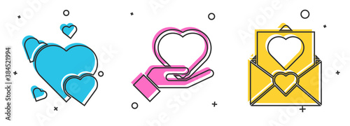 Set Heart, Heart on hand and Envelope with Valentine heart icon. Vector.