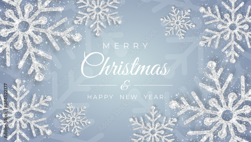Christmas poster with shiny silver snowflakes on a white background. Vector illustration