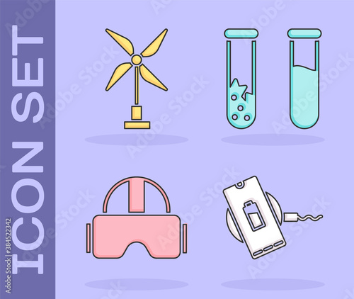 Set Wireless charger, Wind turbine, Virtual reality glasses and Test tube and flask icon. Vector.