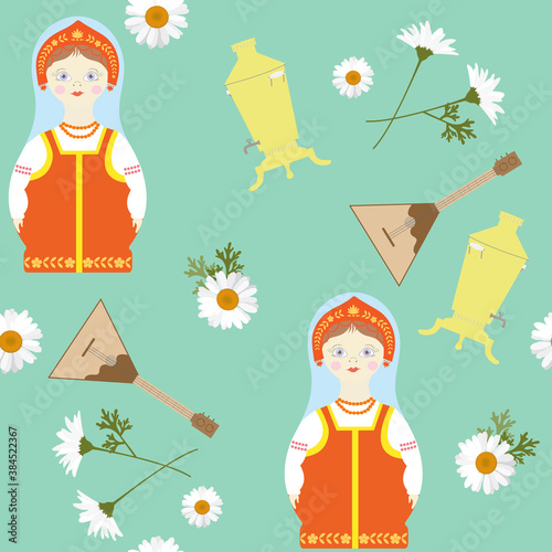 A seamless pattern with a Russian matryoshka, samovar, balalaika and chamomile