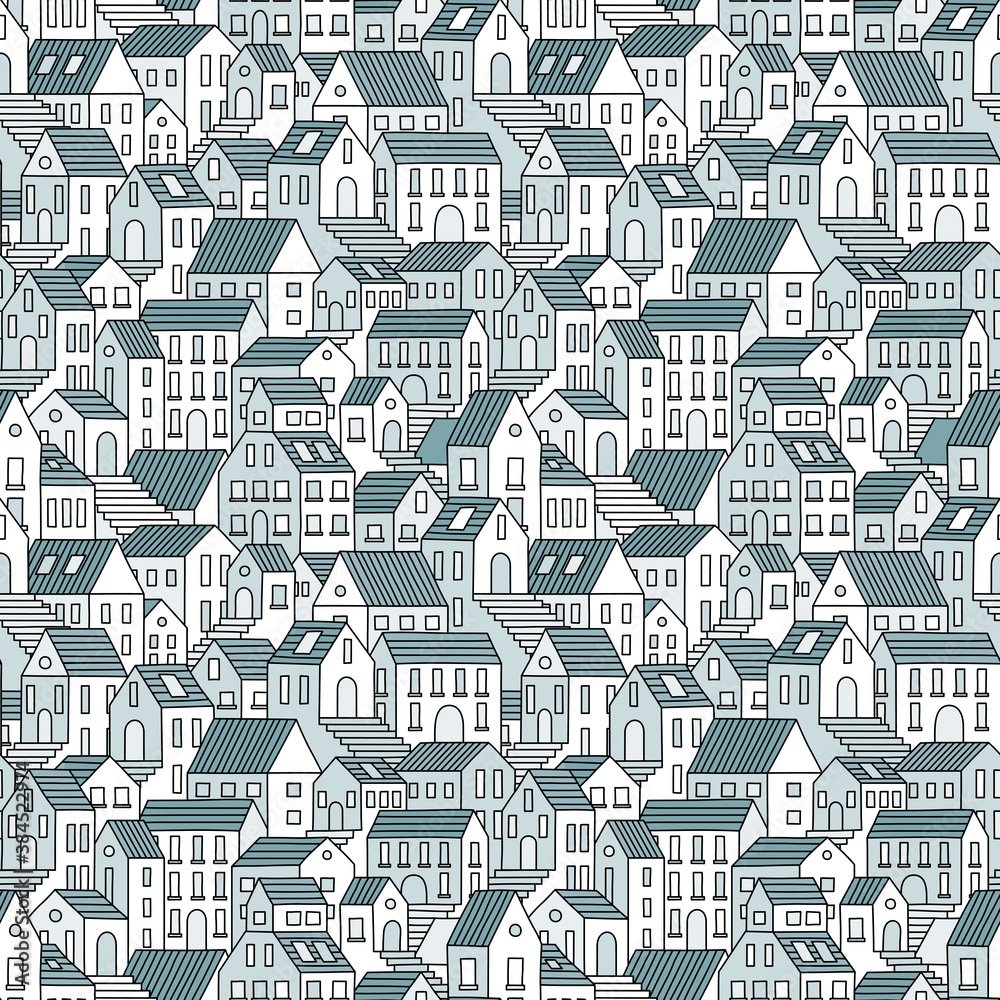 Old town hand drawn seamless pattern. Vector endless background with town houses.